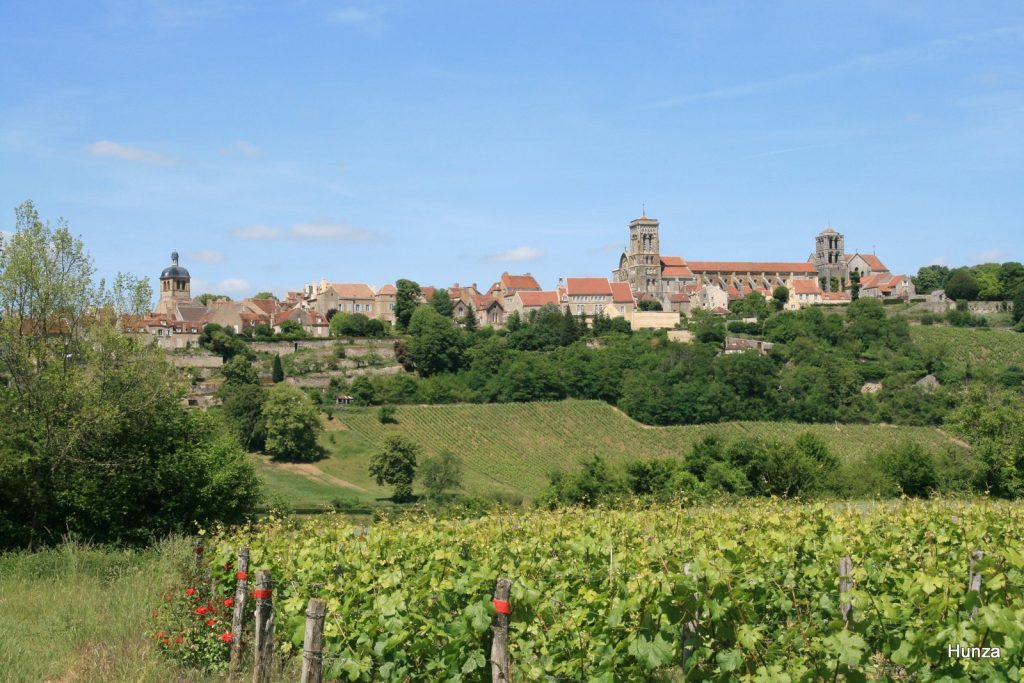 Vue de Vézelay et des vignobles depuis le sentier de grande randonnée GR13