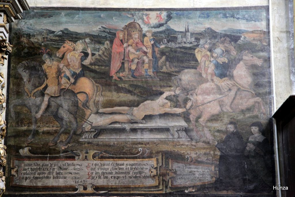 Le Martyre de saint Hippolyte, tableau anonyme de 1549 dans le transept sud de la basilique Saint-Jean-Baptiste de Chaumont