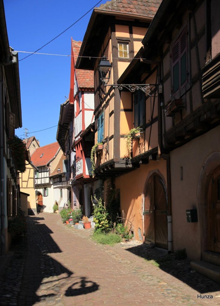 Rue du Rempart Nord à Eguisheim bordée de maisons à colombages