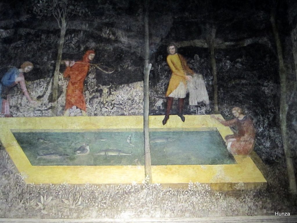 Peinture murale de la chambre du Cerf, la pêche au vivier, au Palais des Papes à Avignon